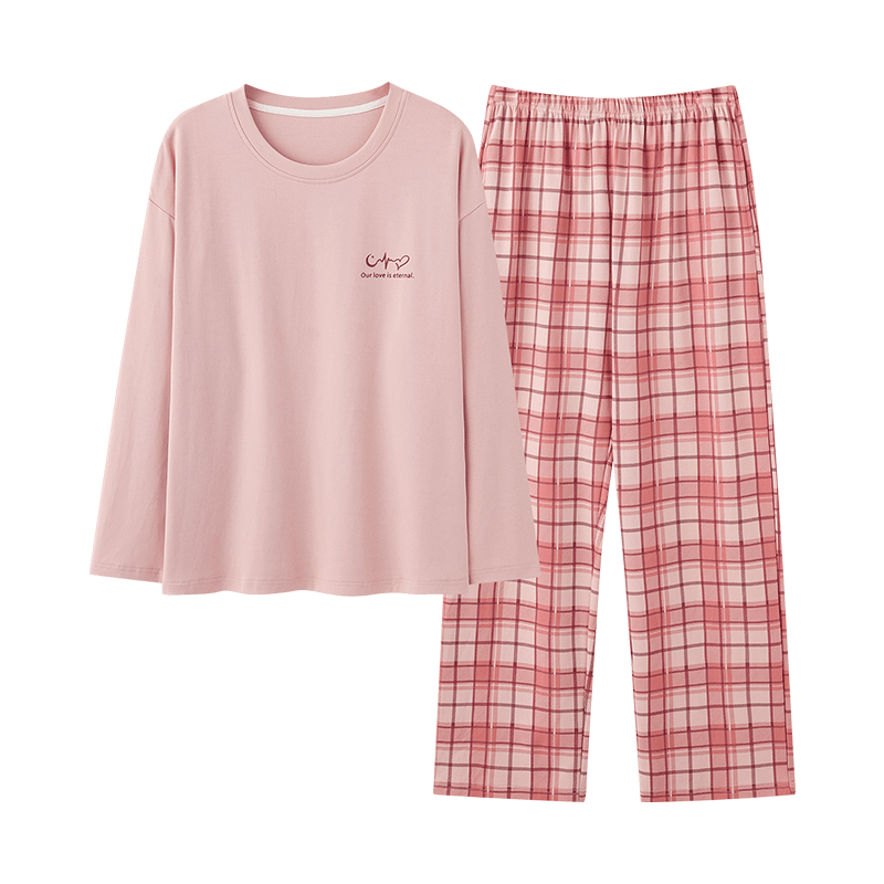 芬腾睡衣女【100%纯棉】秋冬新款格纹可外穿长袖家居服套装女睡衣 粉色 XL