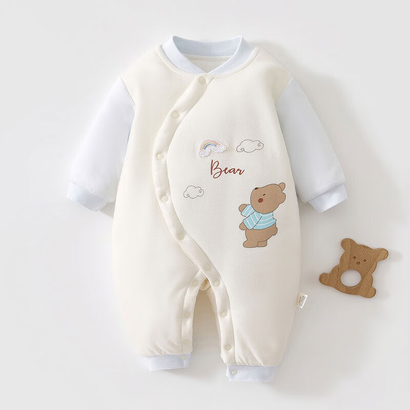 婧麒（JOYNCLEON）婴儿棉服秋冬季婴幼儿加厚保暖连体衣男女宝宝纯棉爬服棉衣冬 彩虹小熊蓝色 80cm