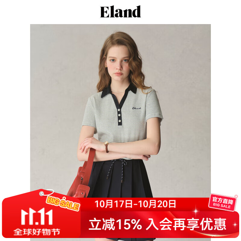 ELAND【94%棉】衣恋T恤女修身v领深门襟舒适短袖上衣2025夏季新款 藏青色(59)Navy M /165
