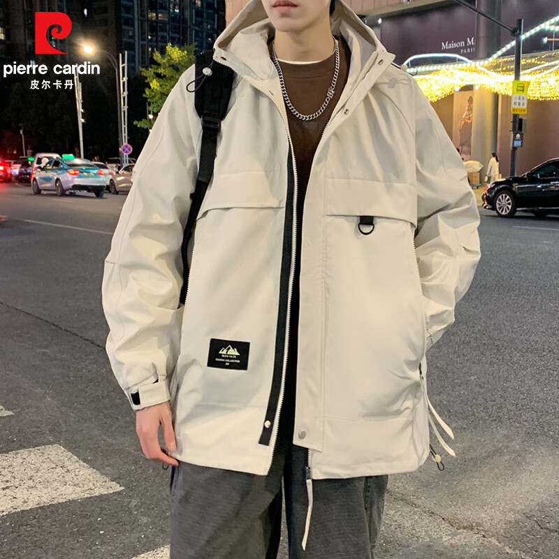 皮尔卡丹春秋季情侣连帽宽松版冲锋衣新款防风防水男士工装潮流夹克情侣装 浅卡其 S 建议【体重90-115斤】