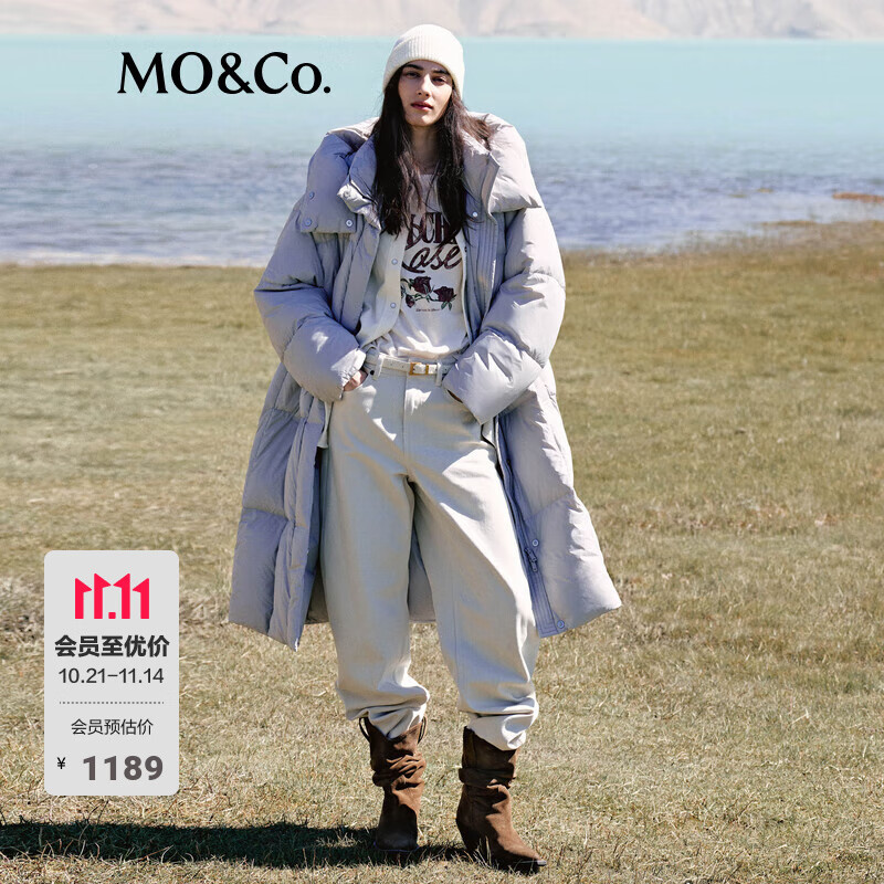MO&amp;Co.羽绒服90鸭绒高领连帽轻暖高密防钻绒双门襟中长款摩安珂 灰白色 XS /155