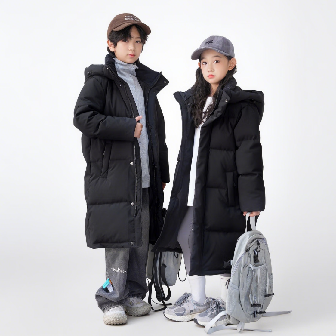 G.DUCK HELLO儿童亲子长款过膝长款羽绒服中大童小孩加厚连帽东北极寒保暖衣服 黑色 【90白鸭绒】 185 【建议身高170-178cm】