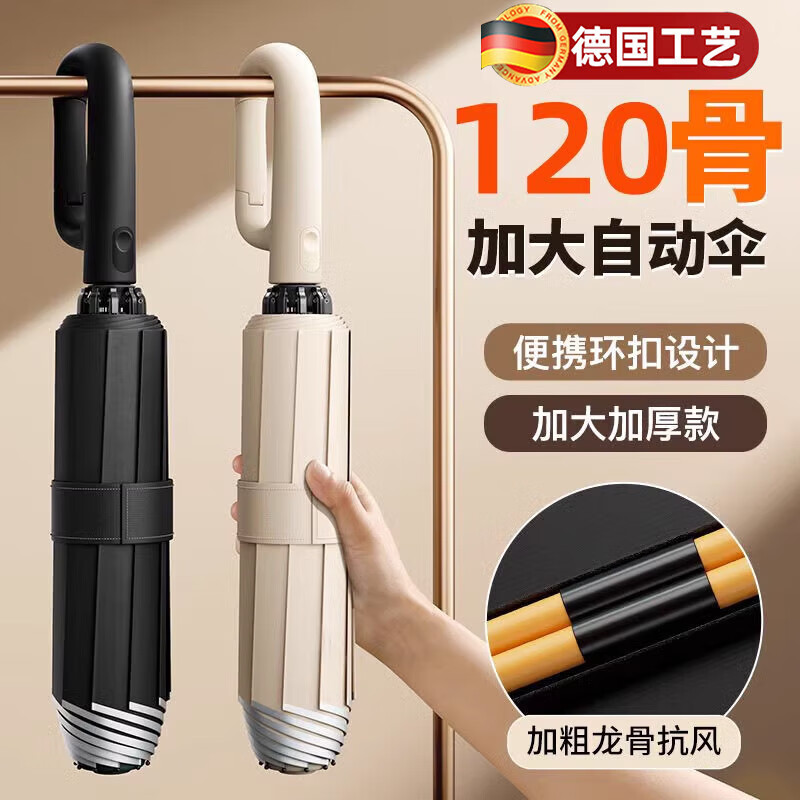 DEATKN德国全自动雨伞加大号加固加厚男士女晴雨两车载反向折叠 全自动【144根抗风伞骨】曜石黑