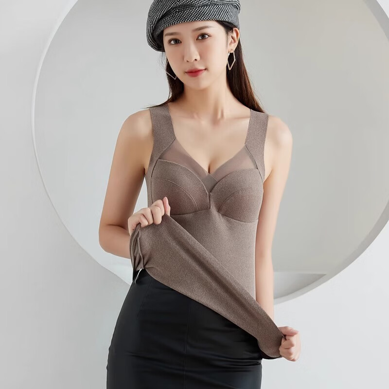 雅鹿保暖德绒背心女士两件装内搭秋冬加绒无痕一体带胸垫无袖上衣打底 卡其+肤色 2XL (110-130斤)