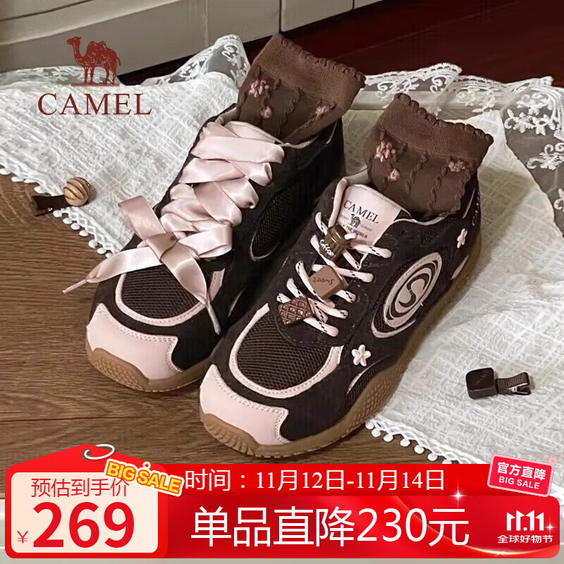骆驼（CAMEL）月牙德训鞋女运动百搭板鞋网面复古休闲鞋 L25S577059 咖/粉 36
