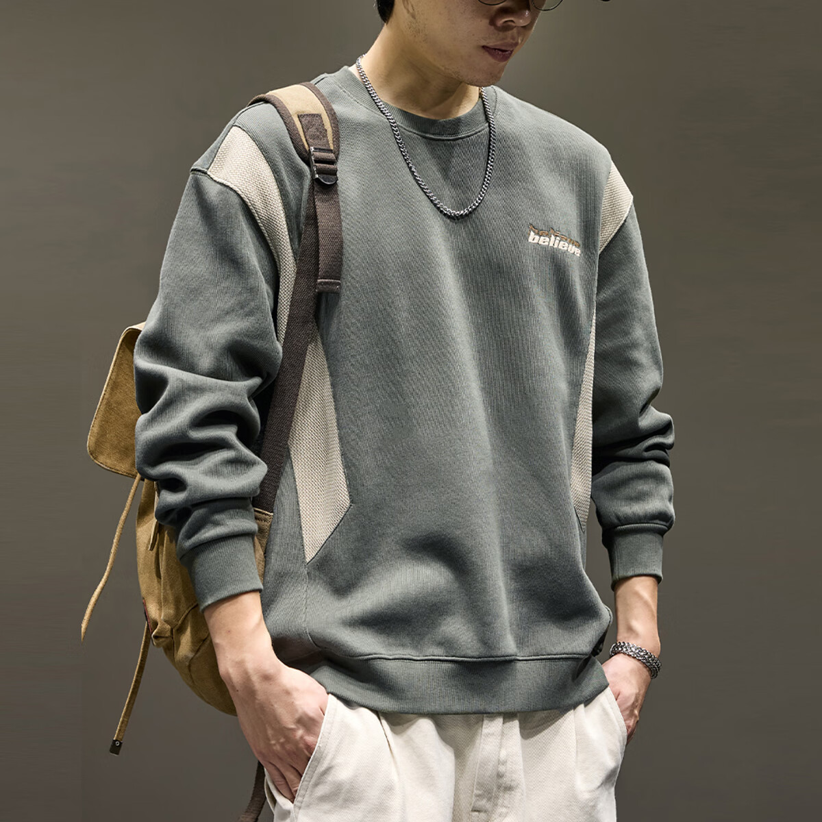 新百伦重磅卫衣男士春秋款宽松大码长袖t恤高端春装上衣外套男 灰绿 常规 XL 码【建议140-160斤】