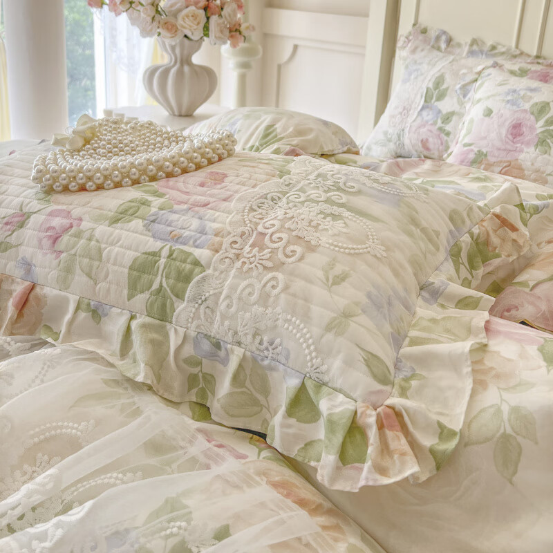 诸禄小清新田园风全棉床裙四件套纯棉小碎花床罩被套带裙边全包防滑尘 浅夏花开 床单款 2.0x2.2四件套被套220x240