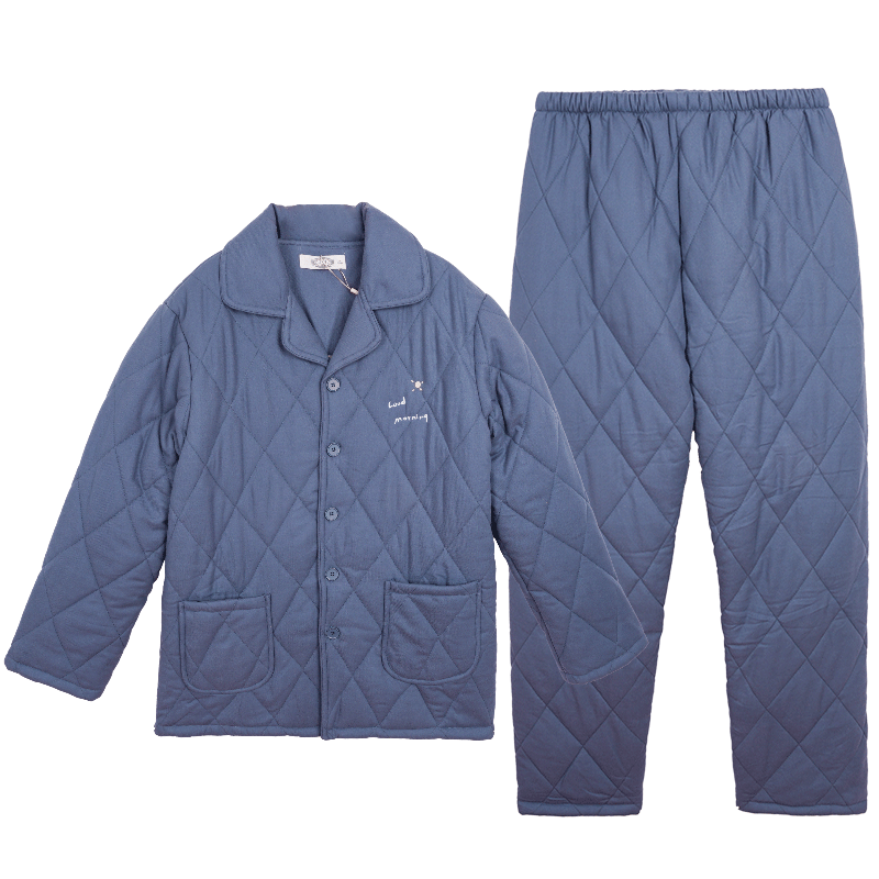 美標(biāo)三層加厚保暖男士長袖純棉梭織夾棉睡衣全棉家居服冬季 黛藍(lán) XL