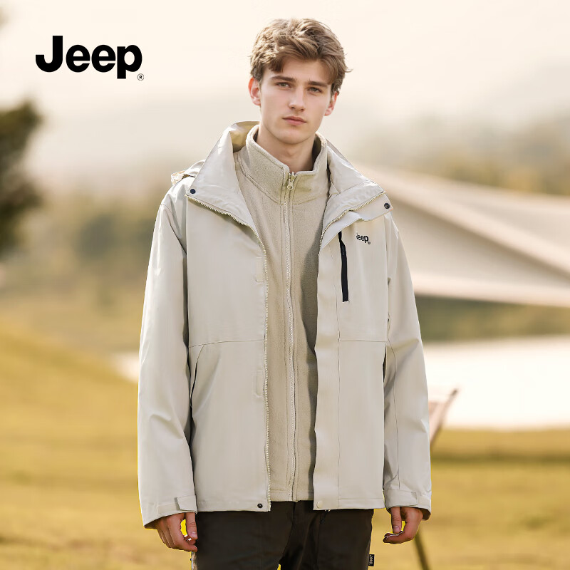JEEP男装秋冬季2025新品男士户摇粒两件套外锋夹克上衣休闲连帽外套 084卡其【25年升级款】 XL