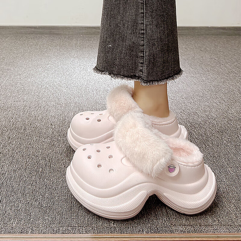 仙女风松糕厚底棉鞋女冬季防水外穿可爱超时尚包跟加绒防滑棉拖鞋 黑色 35