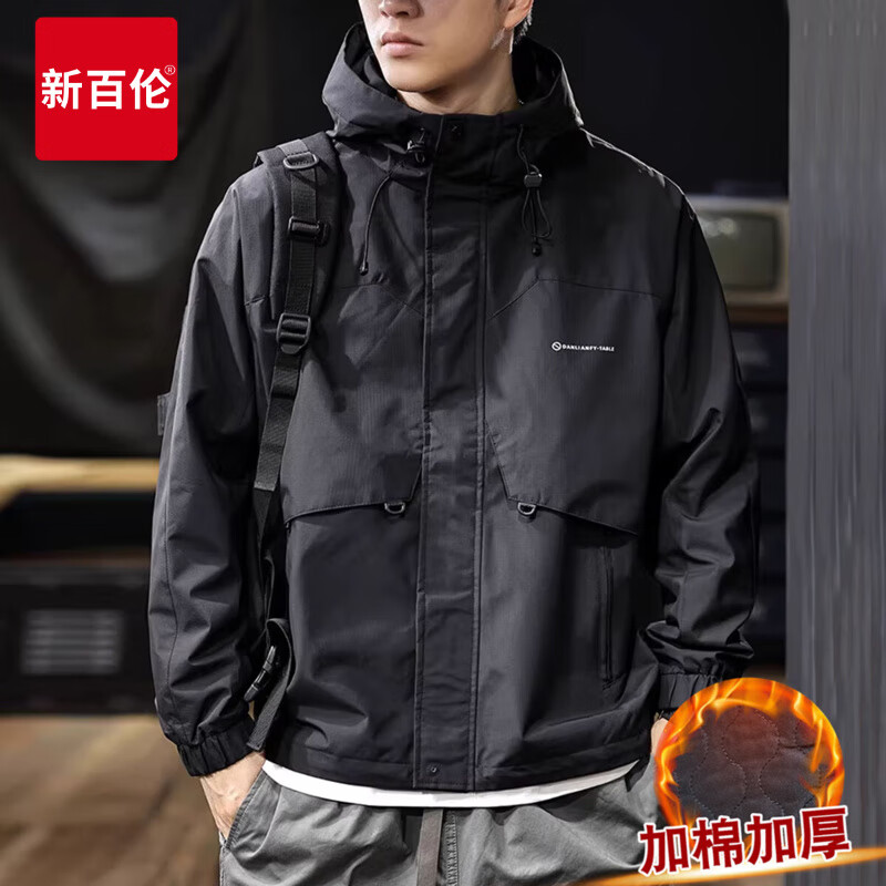 新百伦2026春季新款高端冲锋衣外套男潮牌户外运动夹克男士工装上衣 黑色加棉 加厚 L 码【建议125-145斤】