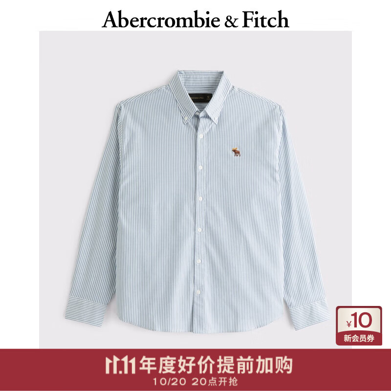 Abercrombie &amp; Fitch【牛津衬衫】经典小麋鹿图案男装25春夏美式长袖衬衫125-5083 蓝色细条纹 XL (180/116A)
