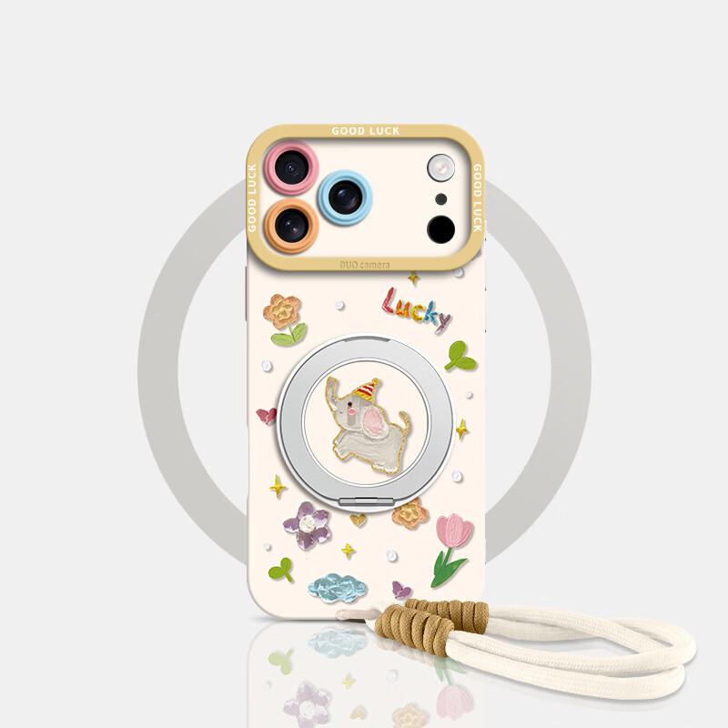 FGMPZ适用苹果17promax手机壳女款iPhone16pro带手绳大视窗支架14磁吸16卡通保护套15新款轻奢高级感 古董白-可爱小飞象-送手提短挂绳 iPhone17