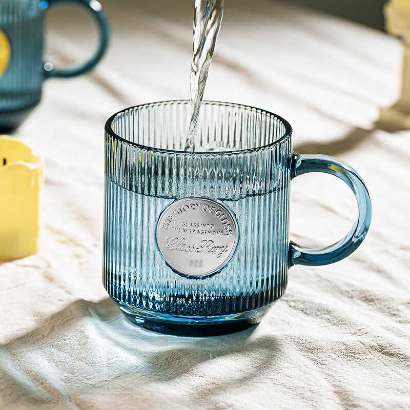 乐唯诗（LOVWISH）竖纹玻璃杯带把手喝水杯子ins高颜值咖啡杯家用泡茶杯加厚牛奶杯 墨蓝竖纹巴克杯【双色混装】330ml/2只