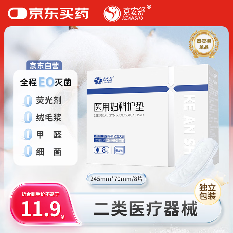 克安舒医用妇科护垫械字号独立灭菌医用非卫生巾医用护理垫245mm*8片/盒