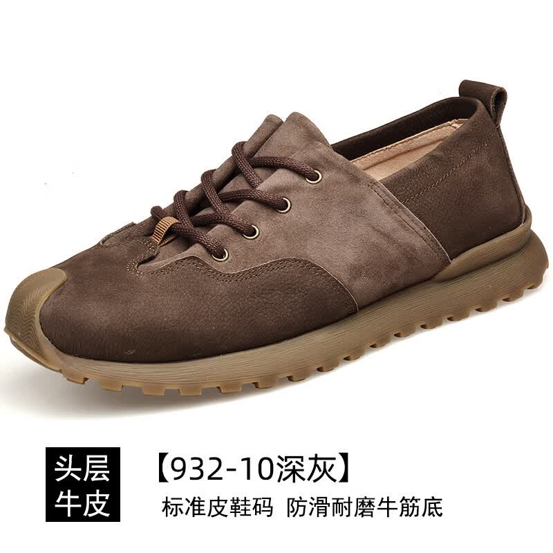 渡诺班尼头层夏季透气单层磨砂皮复古牛筋软底羊皮男士休闲鞋 深灰色_932-10深灰 40 京东折扣/优惠券