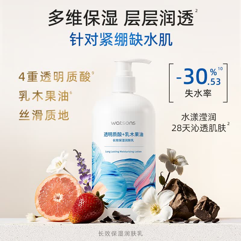 屈臣氏（Watsons）柔滑润肤露补水滋润身体乳 浴后乳皮肤保湿 新旧包装随机发货 500ml 1瓶 新款透明质酸