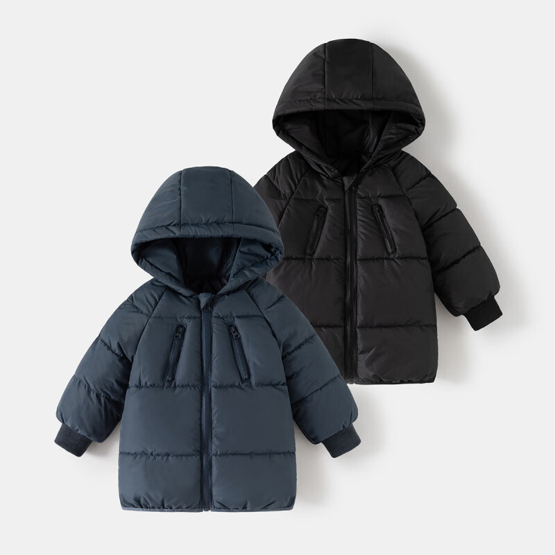 WELLKIDS儿童棉服秋冬装韩版中长款棉衣加厚面包服小童宝宝连帽外套棉袄潮 黑色 90