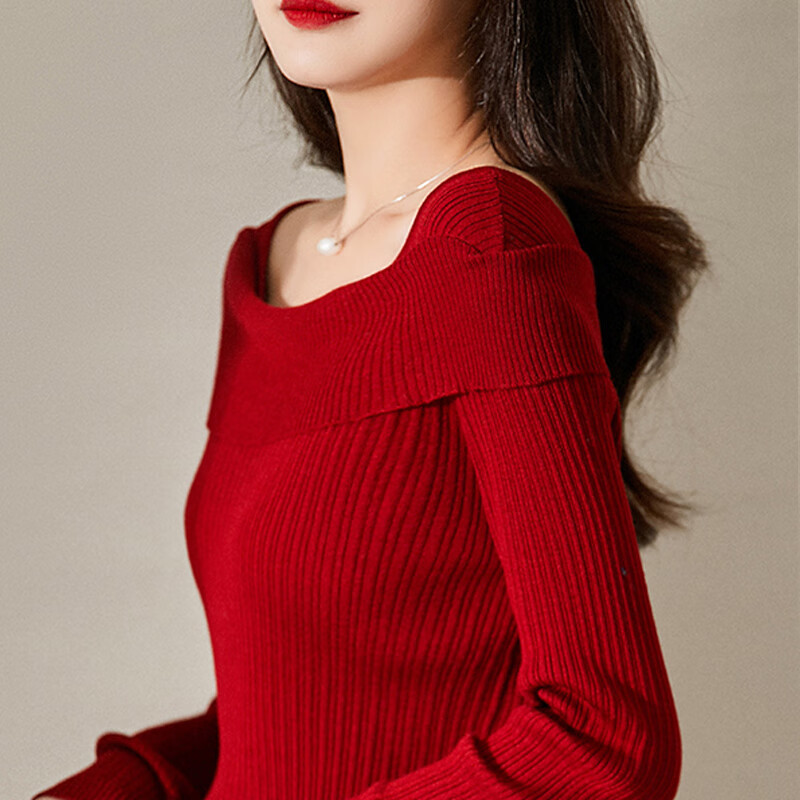 香影芬设计感一字肩针织衫女2025秋季新款打底衫内搭毛衣洋气高级感上衣 红色 M (建议95-105斤)