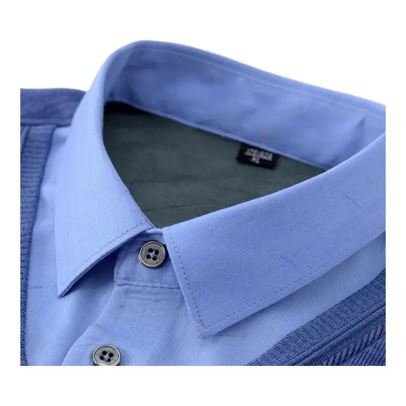 罗蒙加绒加厚假两件针织衫男士秋冬新款中青年翻领保暖打底衫爸爸装 2Z061266HP蓝色 L (170)