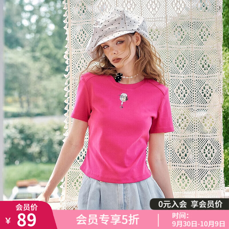 妖精的口袋白色印花正肩短袖t恤女2025夏季新款修身显瘦休闲上衣 魔镜玫红色 S