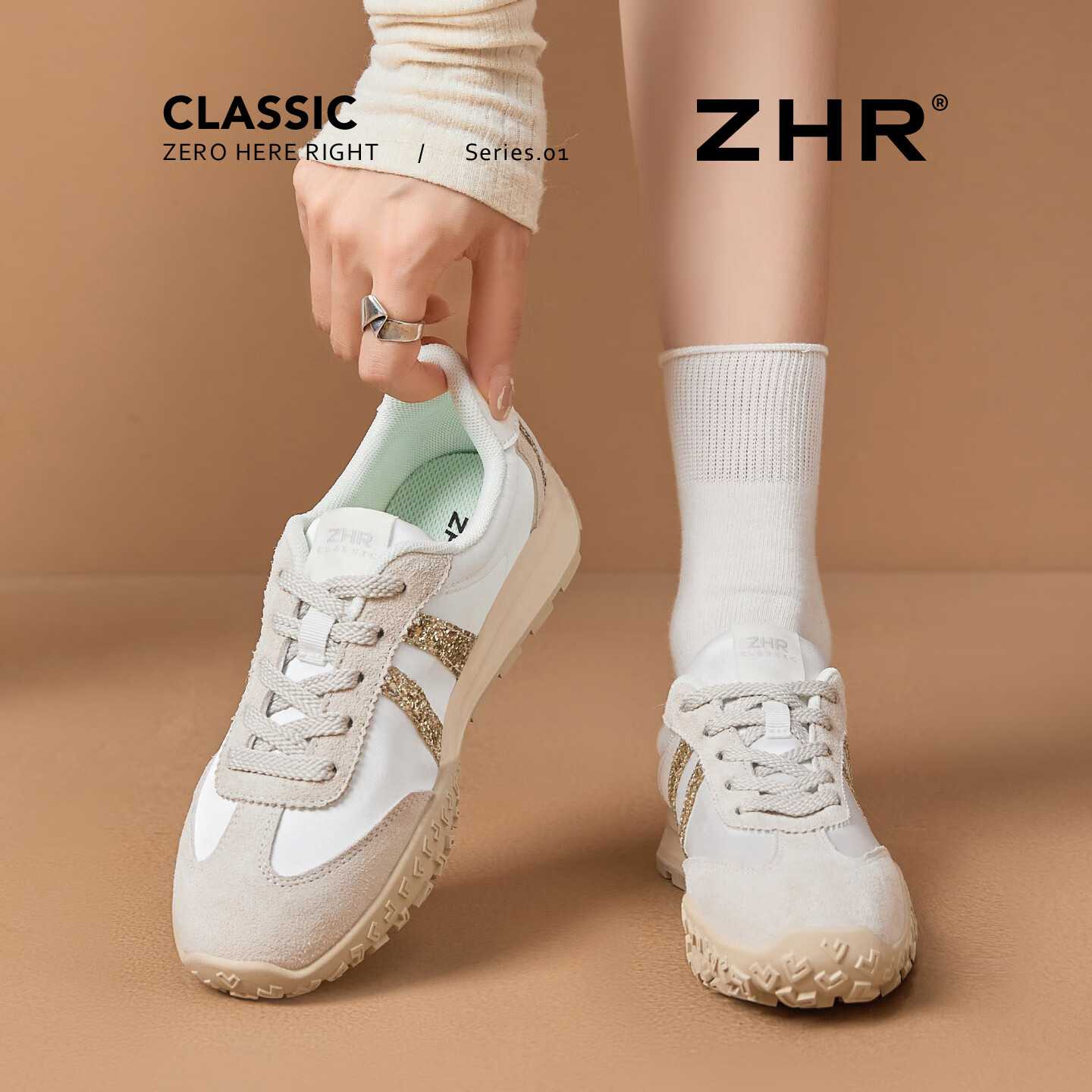 ZHR德训鞋女复古软底新款轻便运动休闲鞋子百搭平底女鞋芭蕾风小白鞋 米杏 37