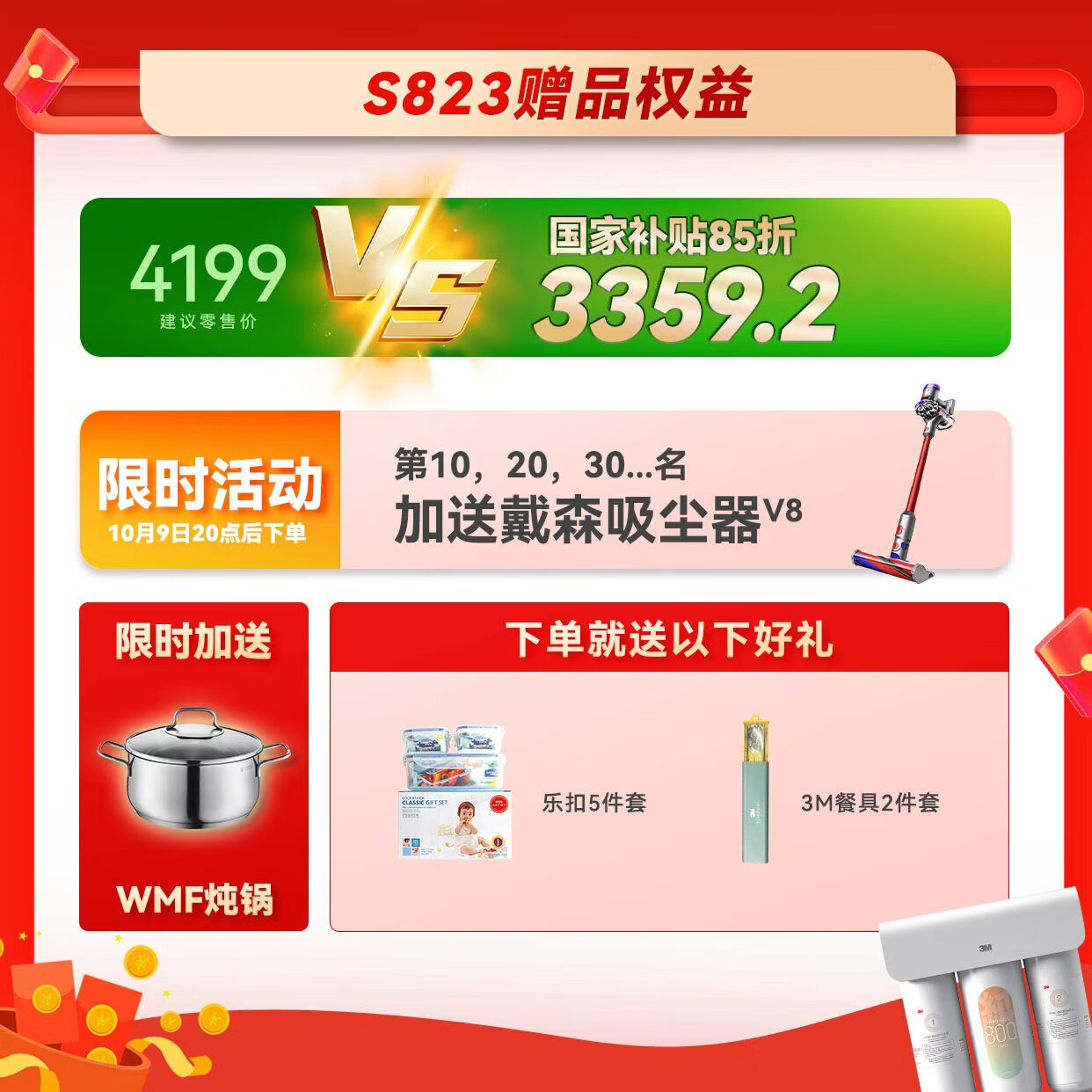 3M净水器家用 直饮 RO反渗透 S823 厨下800G 大通量家用2L/min纯水机5年长效RO膜净饮机 S823官方标配+安装