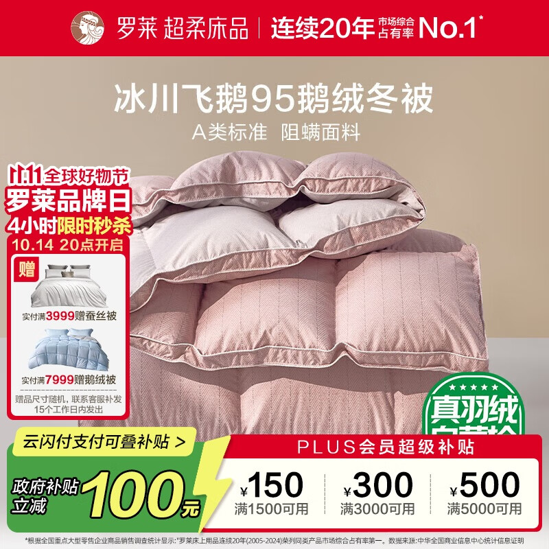 罗莱 羽绒被子 A类95%水洗鹅绒保暖冬被芯约5.2斤粉 JDear京东定制款