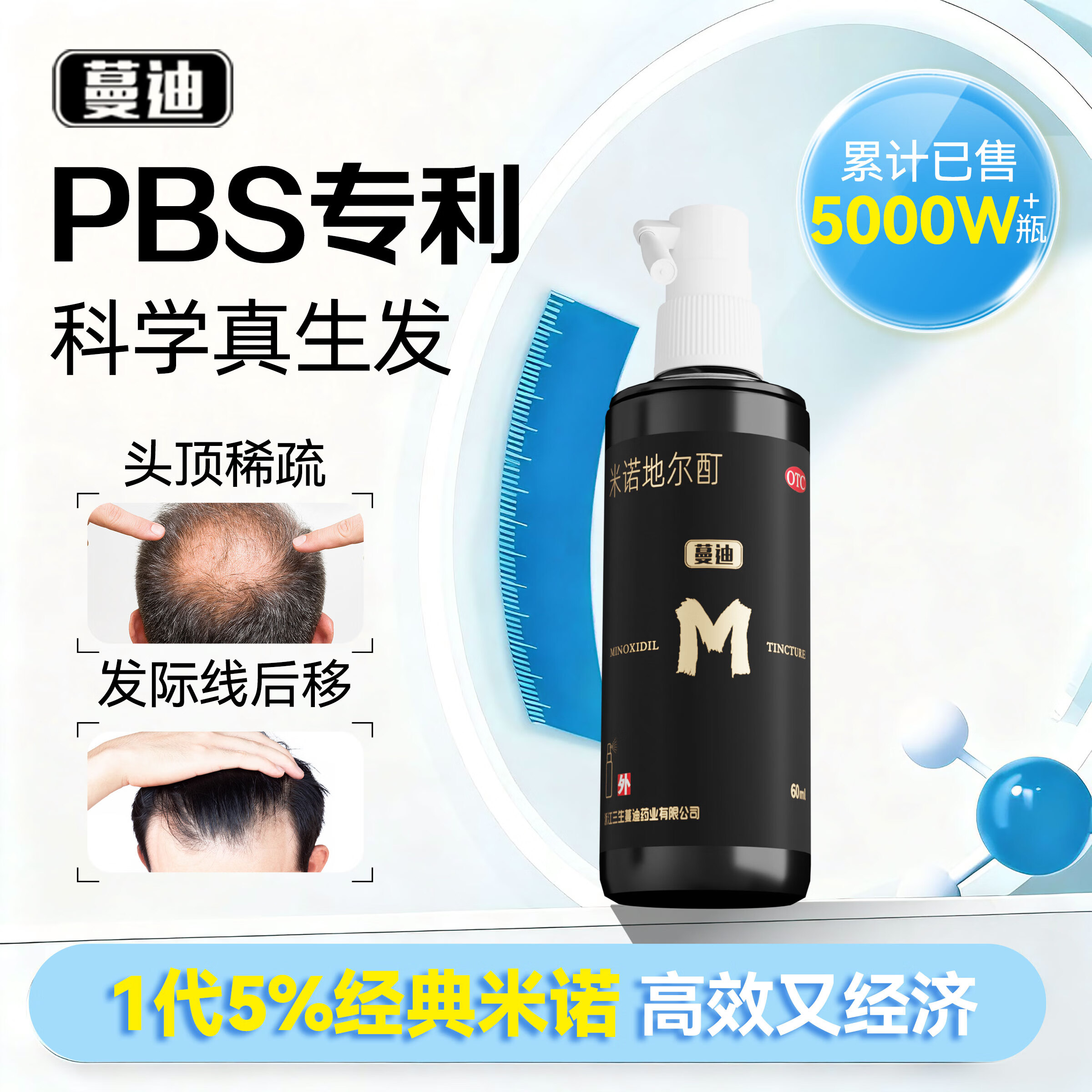 蔓迪生发喷雾米诺地尔酊60ml瓶5%浓度男女防脱白发育发液药洗发水发际线生长快速生发增发凝胶搽剂曼迪