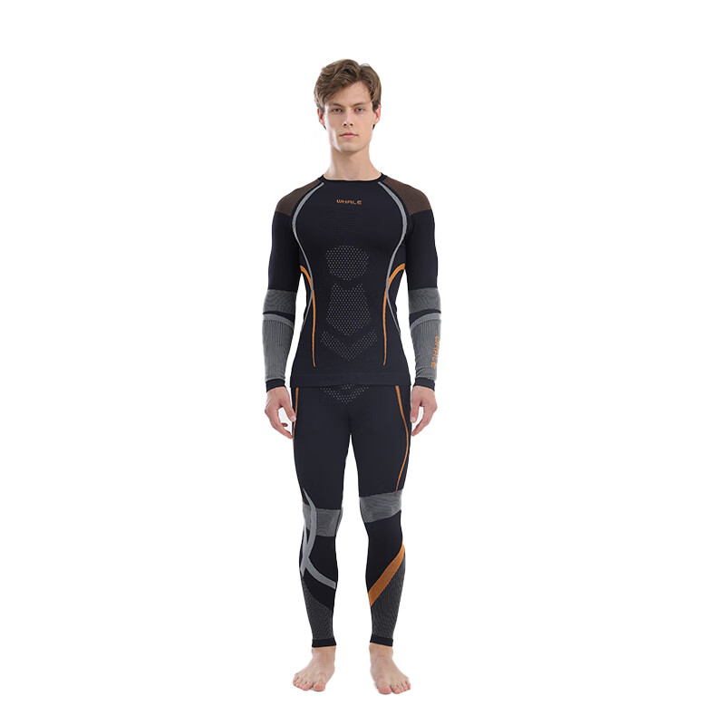 鲸鱼男士速干衣保暖内衣户外运动滑雪保暖套装冬季修身舒适防寒 男款速干保暖衣-灰橙色 XL