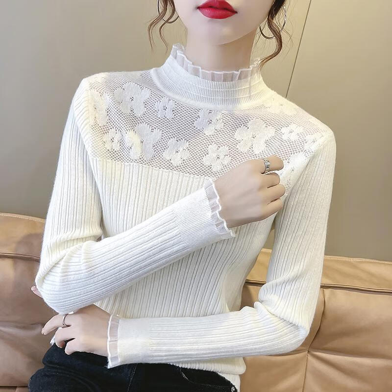 怡曼芙蕾丝针织衫女秋冬装新款外穿洋气百搭气质套头内搭毛衣打底衫上衣 乳白色 均码 建议90-135斤
