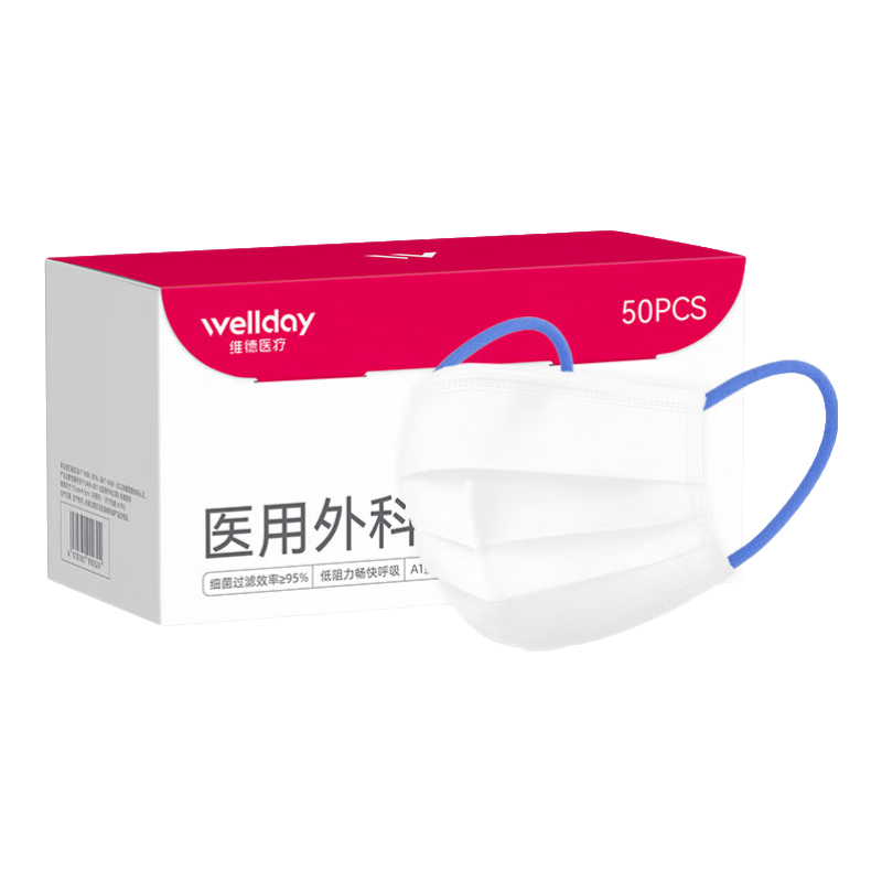 维德（WELLDAY）一次性医用外科口罩低阻透气灭菌级独立包装防病毒飞沫花粉沙尘暴 【低阻透气】1盒50只 19.8元