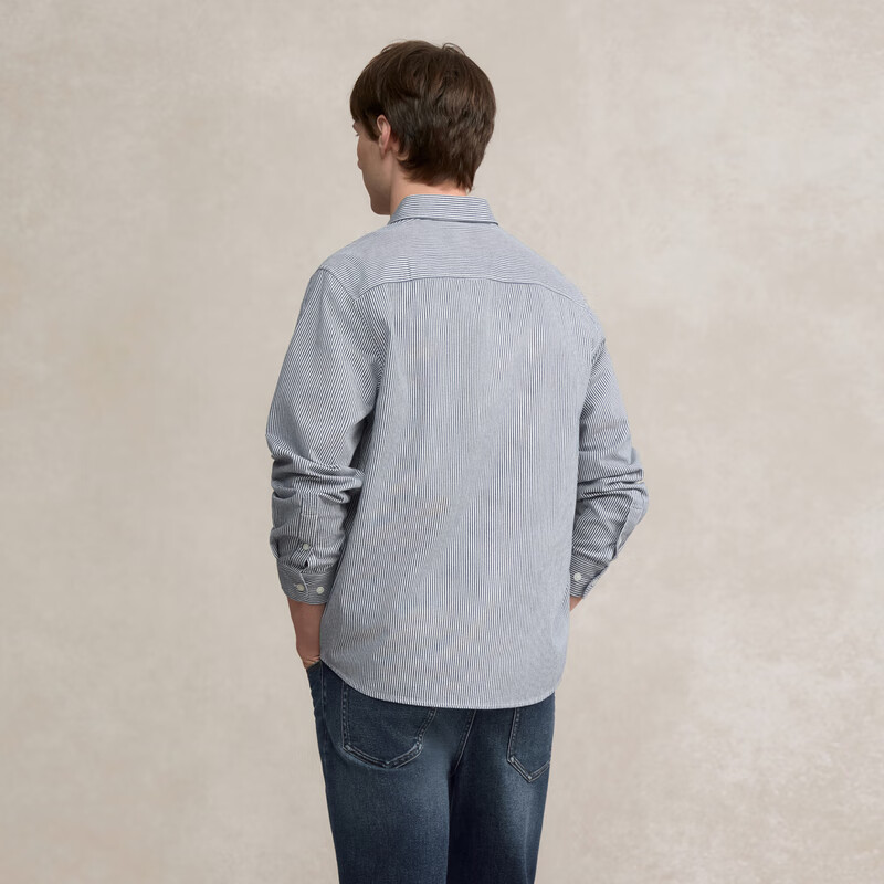 POLOWALK男装纯棉长袖衬衫2025秋季新品男式竖条纹立领上衣外套开衫 蓝灰色 L
