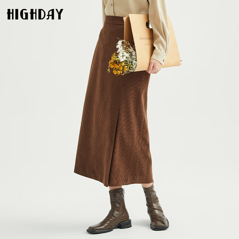 冬季高腰a字裙灯芯绒长裙女美拉德色系开叉过膝 深咖色