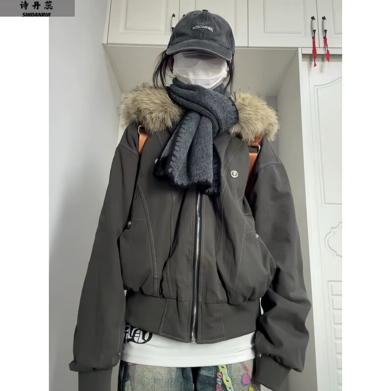 诗丹蕊棉服外套女冬季2025新款棉衣加绒加厚派克服小个子短款羽棉袄绒服 灰绿色 均码 【可备注码数】