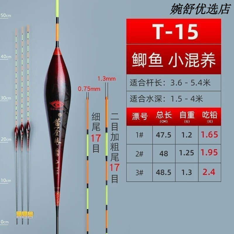 黄金眼T系列碳素漂高灵敏轻口鲫鱼鲤鱼黑坑野钓混养加粗醒目鱼漂 T05(两目加粗尾) 3号