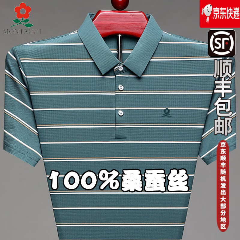 梦特娇桑蚕丝短袖t恤男2024新款高端中年条纹翻领polo衫体恤 绿色 S 165/84A