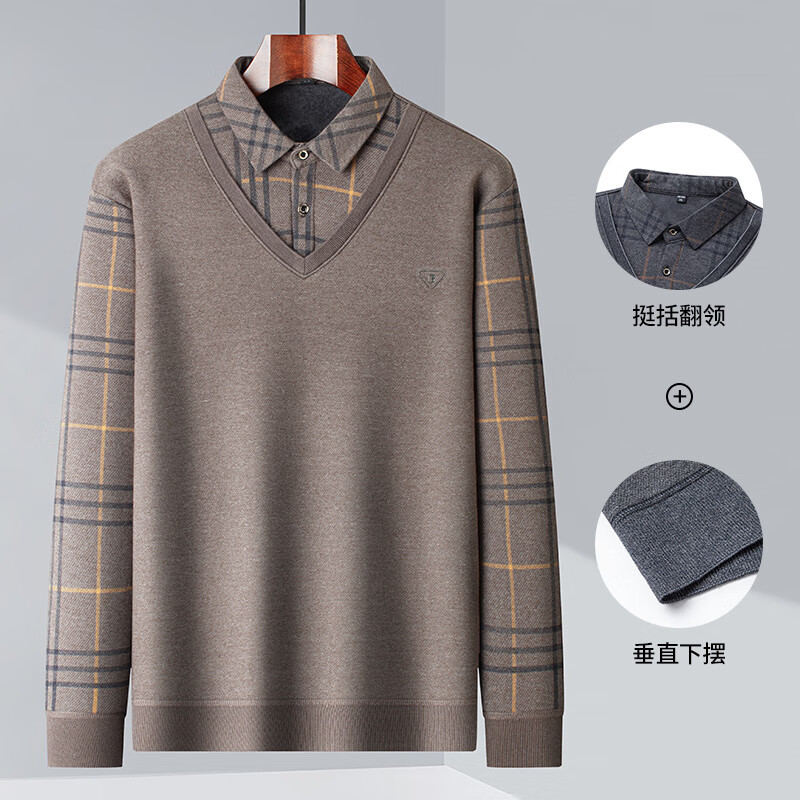 雅鹿中老年男士冬季假二件毛衣爸爸装加绒加厚保暖打底衫针织衫 咖啡 J6006 M