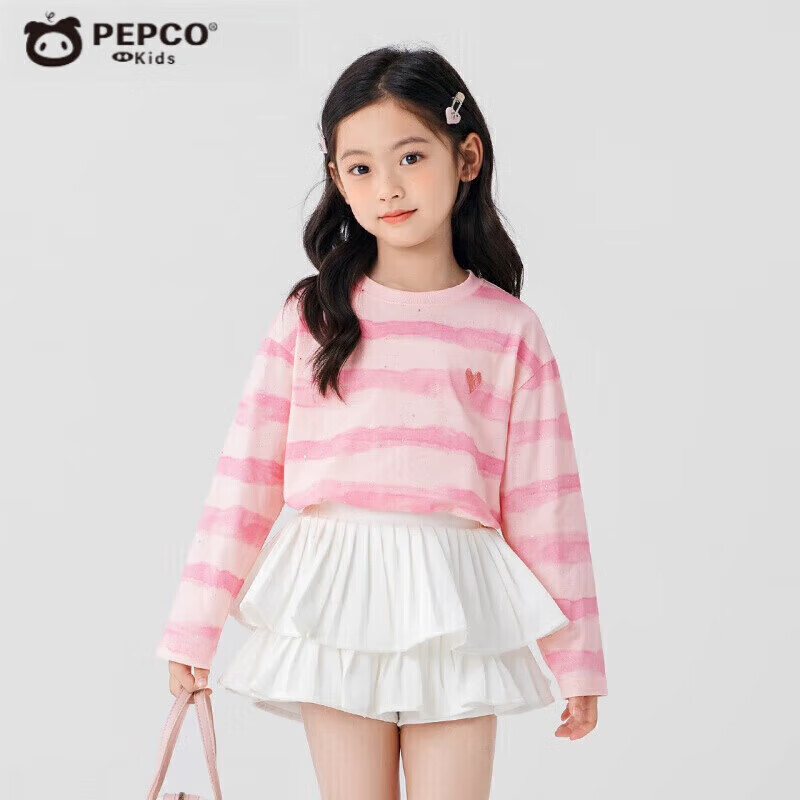 小猪班纳（PEPCO）女童卡通印花白色长袖T恤儿童女孩蝴蝶结条纹百搭打底衫 洒金彩虹糖 140 *建议身高130-140cm