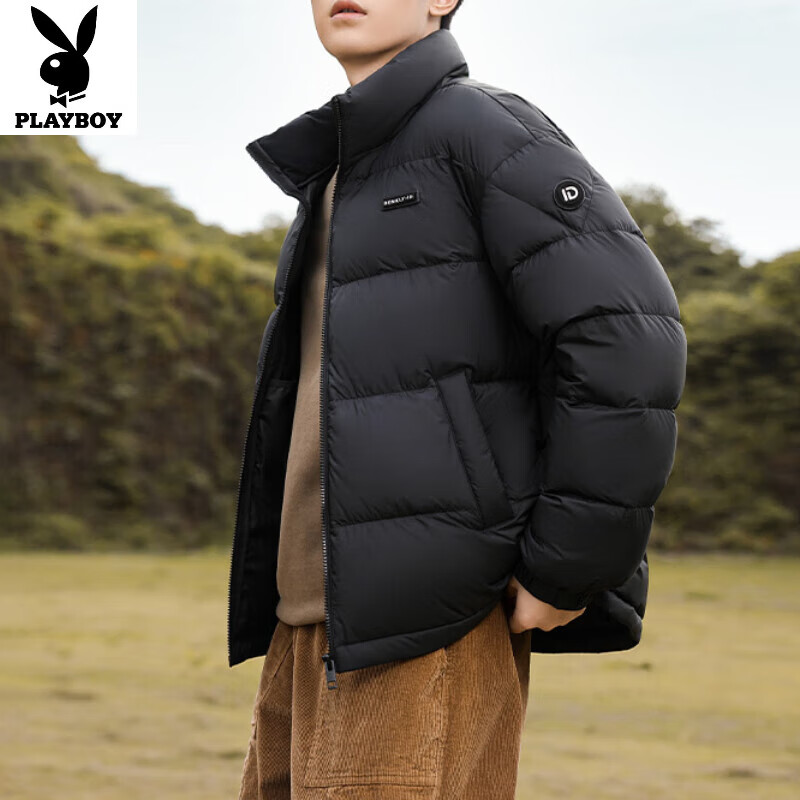 花花公子（PLAYBOY）情侣轻薄羽绒服男2025新款韩版简约时尚立领加厚保暖面包服外套潮 青光黑色【男女同款】 S