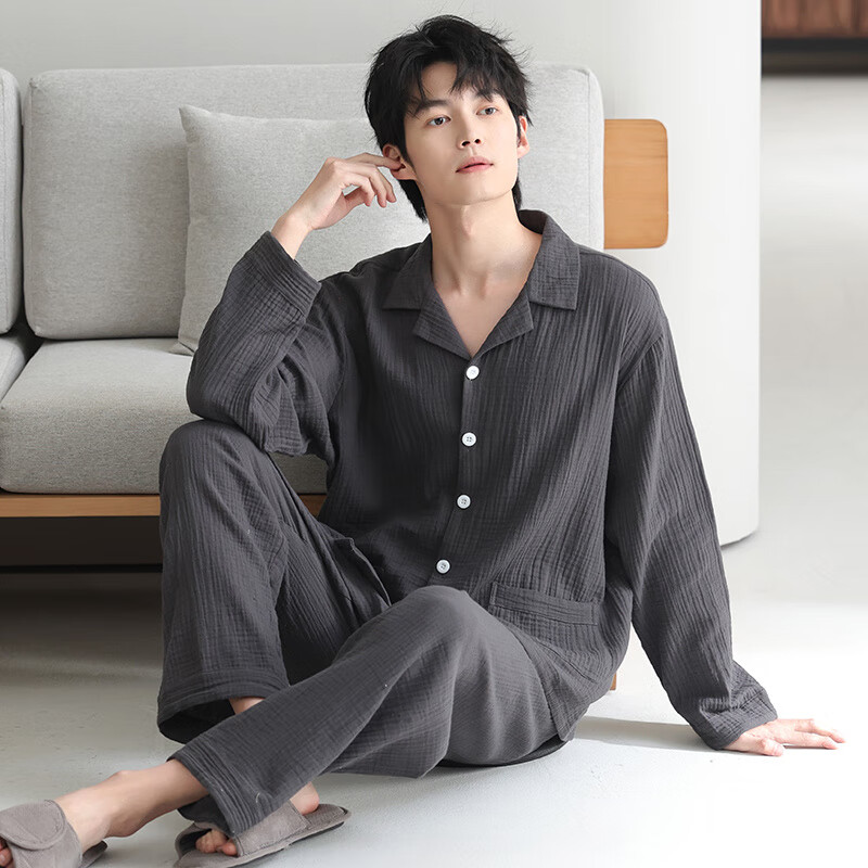 猫人（MiiOW）高端纯棉男士睡衣春秋款长袖2026款宽松大码可外穿家居服开衫套装 5130 L
