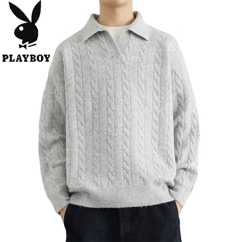 花花公子（PLAYBOY）美式复古慵懒麻花纹理假两件翻领套头毛衣男宽松拼接针织衫外套潮 黑色 M