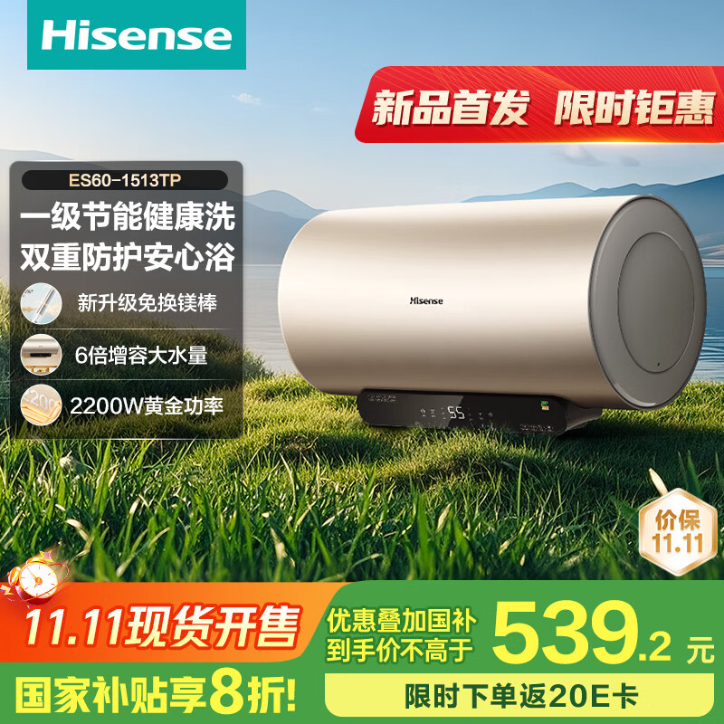 海信（Hisense）2200W节能6倍增容免换镁棒60升家用电热水器出租房双重安全防护一级能效ES60-W1513TP以旧换新