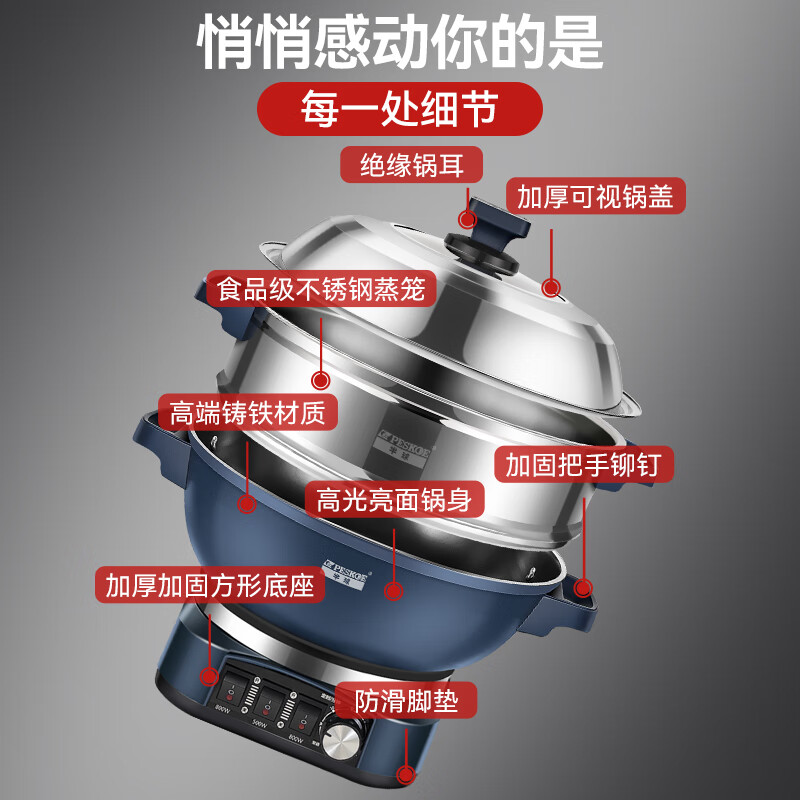半球（PESKOE）电炒锅多功能锅家用电热锅煮饭蒸炖电煮锅铸铁炒菜锅不粘电炖锅加厚电蒸锅蒸笼大功率电火锅0涂层 5L 【加厚铸铁款】标准款-32CM无蒸笼