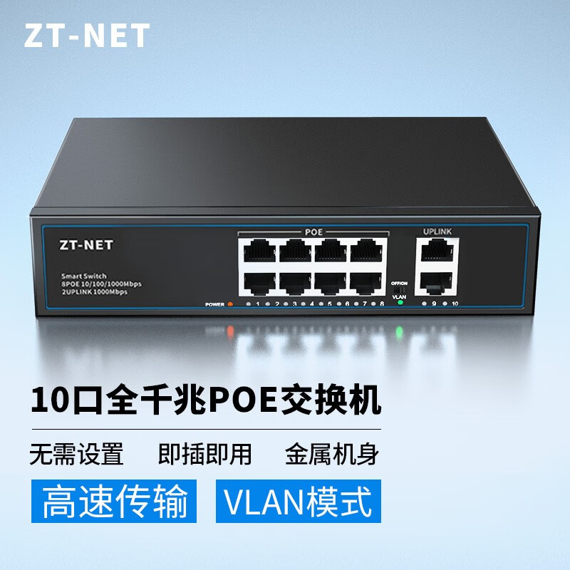 ZT-NET 5/8/10口千兆POE交换机八口百兆分流器五口安防监控弱电箱供电模块网线分线器 8千兆POE口+2千兆丨120W