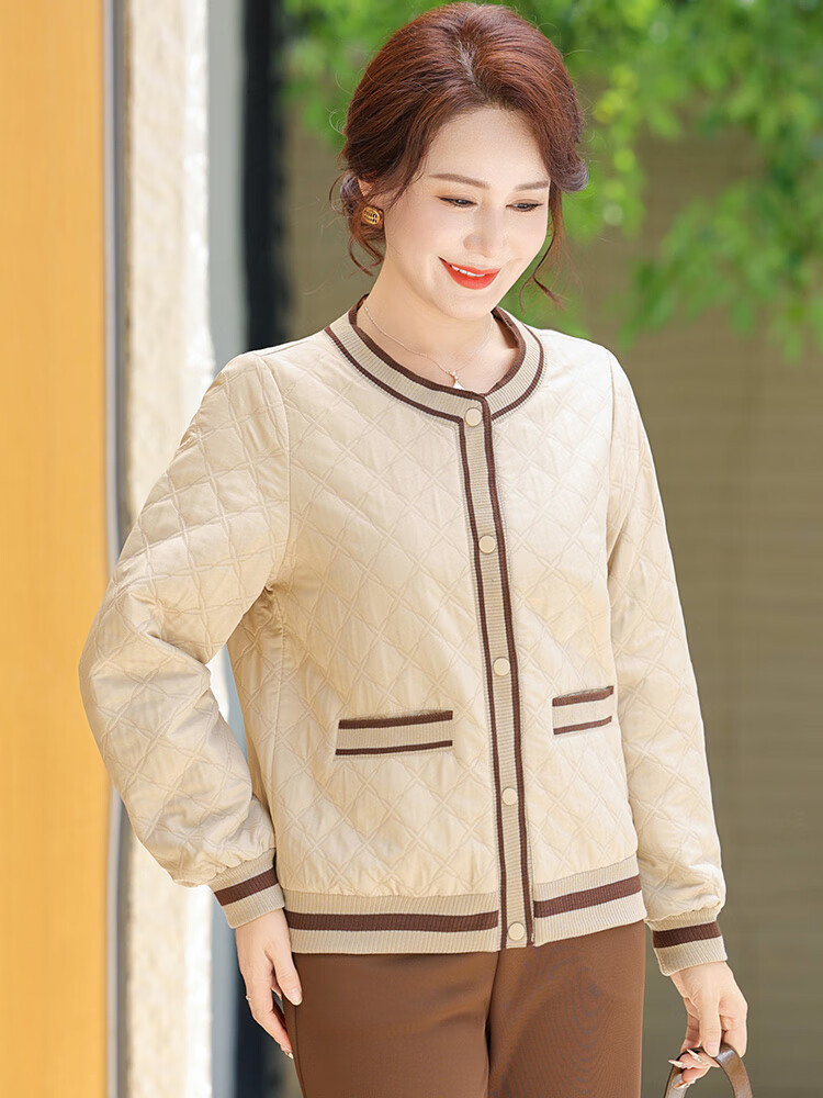 兰铂丽斯中年妈妈装短款休闲外套女春秋季新款气质婆婆长袖夹棉轻薄棉衣 米色 XL （建议85-105斤）
