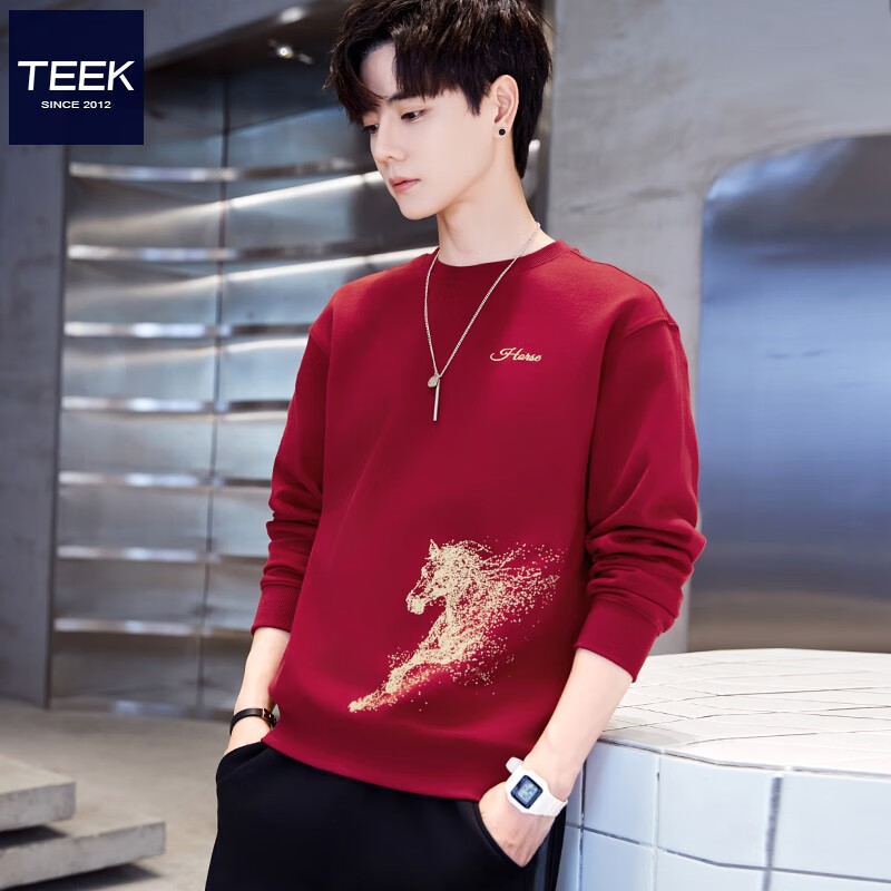 TEEK马年本命年衣服重磅纯棉男士卫衣国潮酒红色生肖印花拜年喜庆外套 【常规款】YW2933酒红色 L