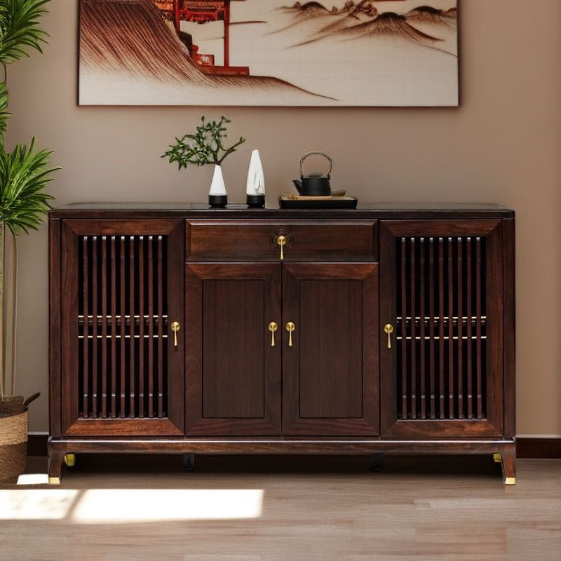 韵美嘉缘新中式乌金木实木餐边柜酒柜一体靠墙餐厅厨房碗筷收纳置物架矮柜 1.8米进口乌金木餐边柜