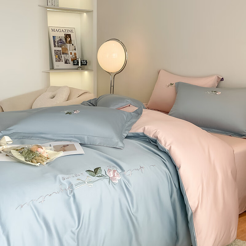 元族2025新款Ａ类纯棉四件套轻奢刺绣全棉被套简约纯色四件套-唤醒 唤醒-天空蓝+茱萸粉 床单款 1.8m四件套