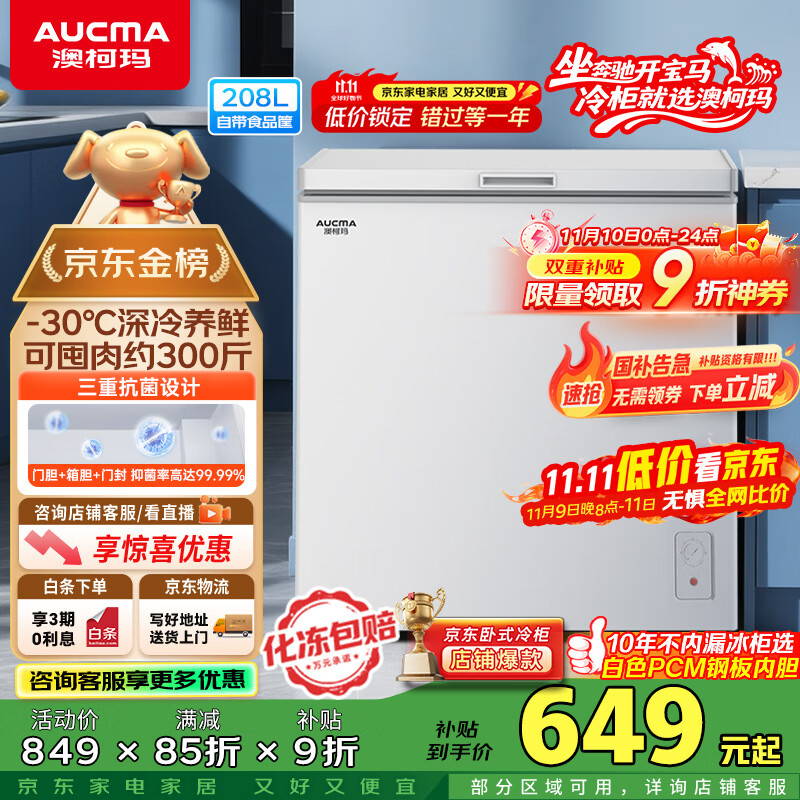 澳柯玛（AUCMA）208升冰柜家用减霜小冷柜 冷藏柜冷冻柜转换 母婴母乳卧式冰箱一级能效 BC/BD-208HNE 国家补贴